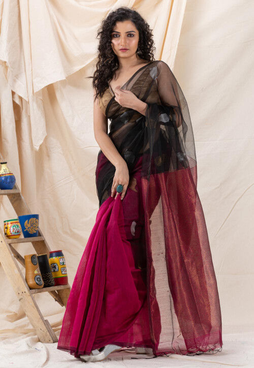 Half N Half Cotton Saree in Black and Fuchsia