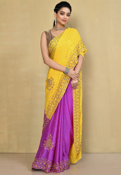 Half N Half Crepe Jacquard Saree in Yellow and Purple