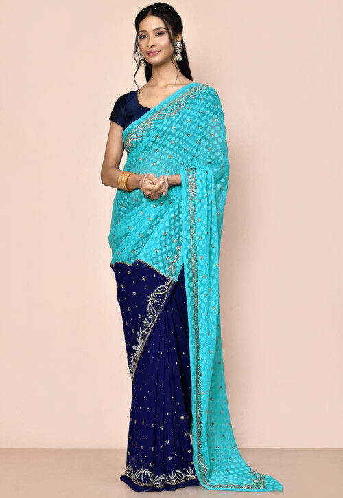 Half N Half Georgette Brasso Saree in Navy Blue and Blue