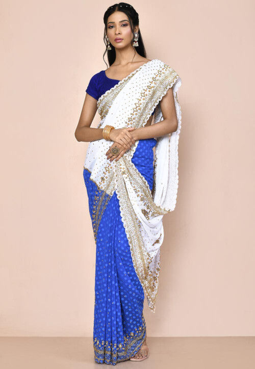 Half N Half Georgette Brasso Saree in White and Blue