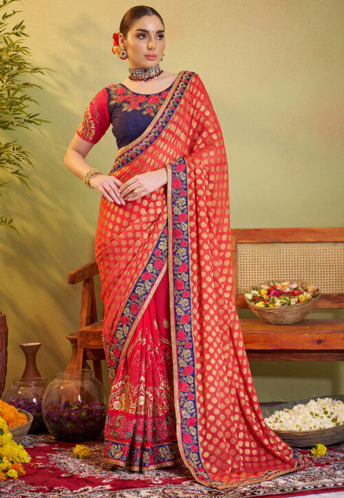 Half N Half Georgette Jacquard Saree in Red