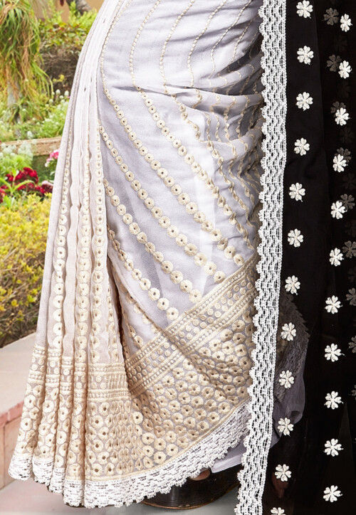 Half N Half Georgette Saree in Black and Off White