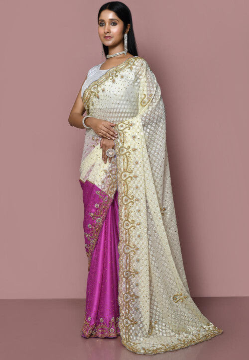 Half N Half Georgette Saree in Cream and Fuchsia