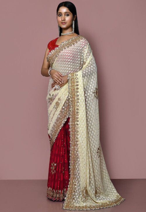 Half N Half Georgette Saree in Cream and Red