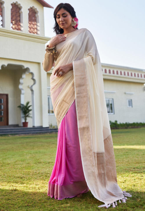 Off white saree clearance with pink blouse