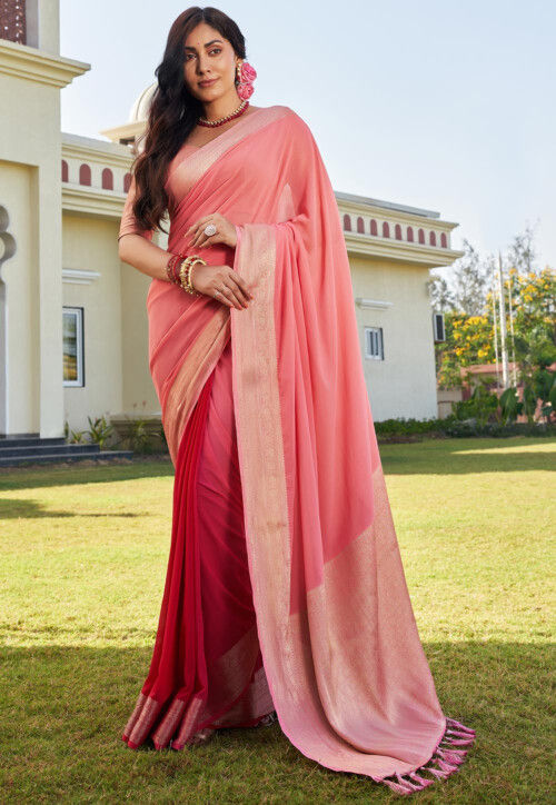 Half N Half Georgette Saree in Peach and Red