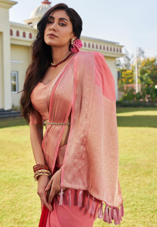 Half N Half Georgette Saree in Peach and Red