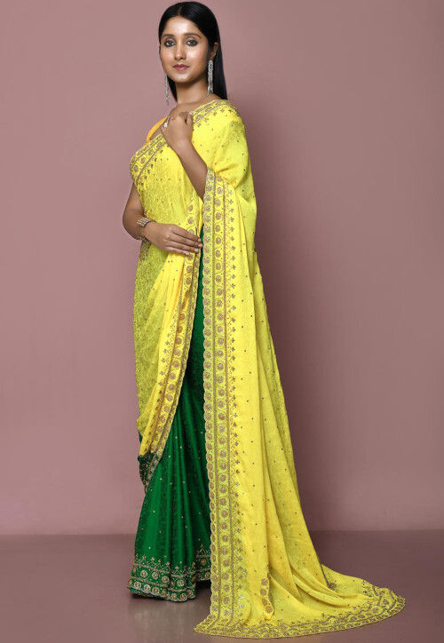 Half N Half Georgette Saree in Yellow and Green