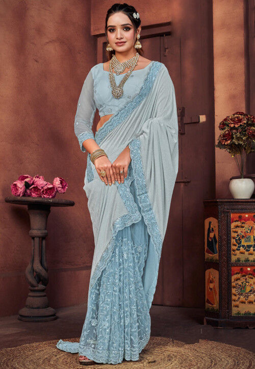 Half N Half Net and Elastane Saree in Light Blue