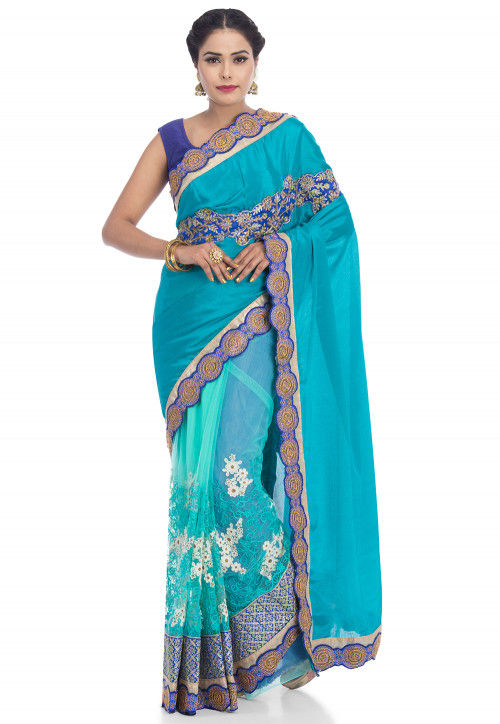 Half N Half Satin Chiffon Saree in Teal Blue