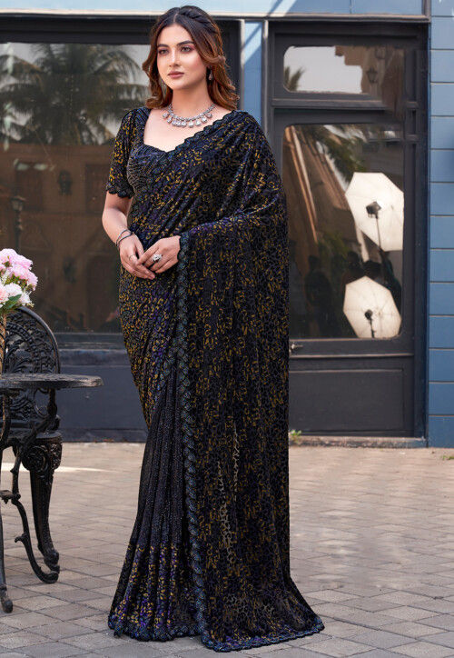 Half N Half Velvet Scalloped Saree in Black