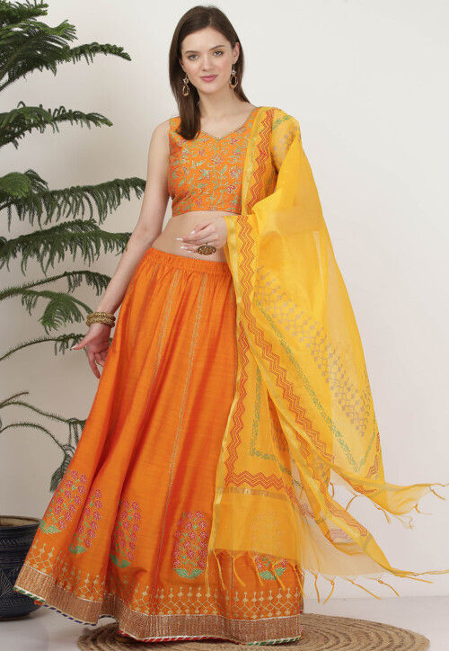 hand block printed art silk lehenga in orange v1 lkc165