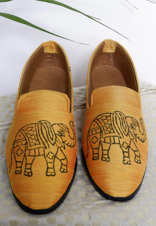 Hand Block Printed Art Silk Mojari in Mustard