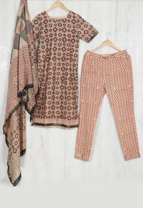 Hand Block Printed Chanderi Cotton Pakistani Suit in Beige