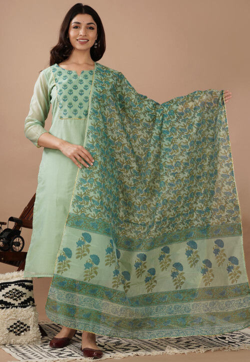 Hand Block Printed Chanderi Silk Pakistani Suit in Pastel Green