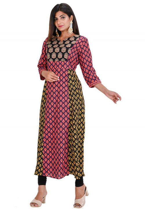 Hand Block Printed Cotton A Line Kurta in Multicolor