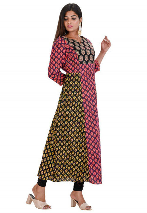 Hand Block Printed Cotton A Line Kurta in Multicolor