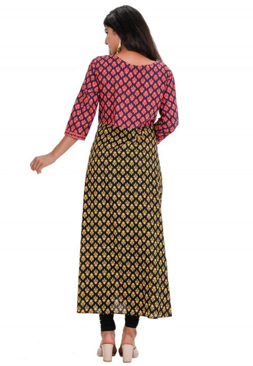 Hand Block Printed Cotton A Line Kurta in Multicolor