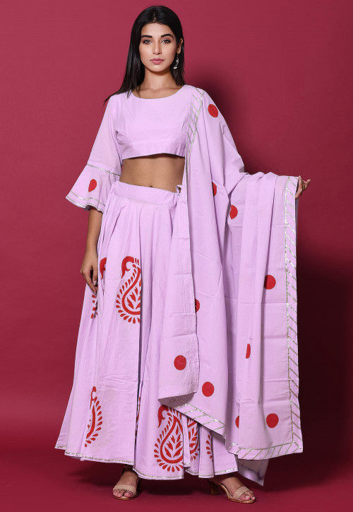 Hand Block Printed Cotton Lehenga in Light Purple