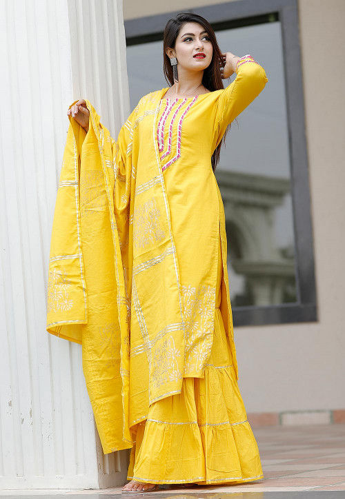 Hand Block Printed Cotton Pakistani Suit in Yellow : KER64
