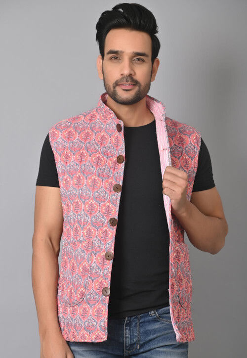 Hand Block Printed Cotton Reversible Warm Jacket in Peach