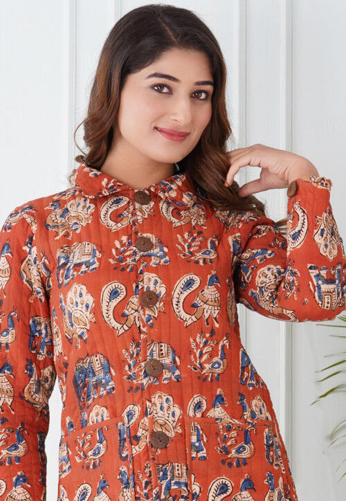 Block Printed Cotton Reversible Warm Jacket in Orange and Blue