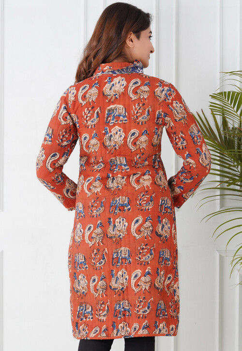 Block Printed Cotton Reversible Warm Jacket in Orange and Blue