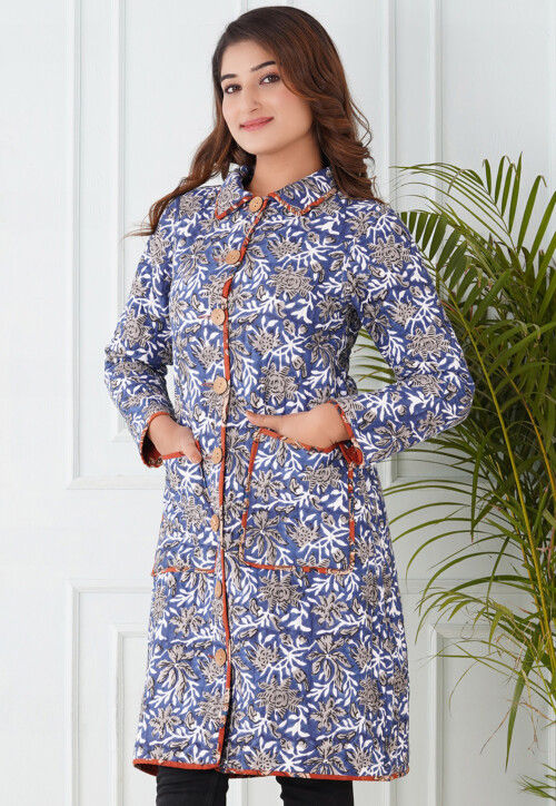 Block Printed Cotton Reversible Warm Jacket in Orange and Blue