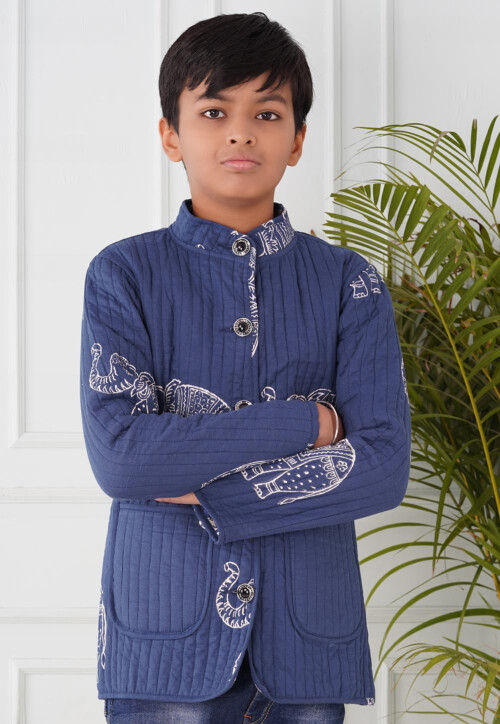 Hand Block Printed Cotton Reversible Jacket in Indigo Blue