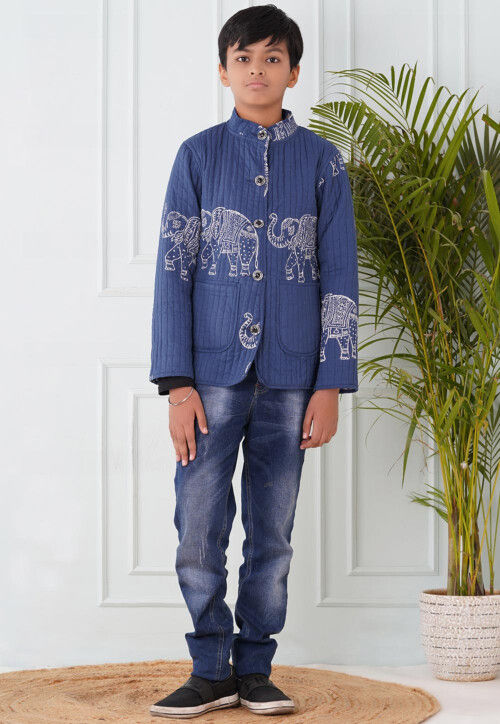 Hand Block Printed Cotton Reversible Jacket in Indigo Blue