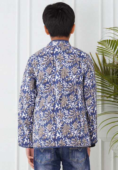 Hand Block Printed Cotton Reversible Jacket in Indigo Blue