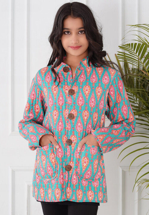 Hand Block Printed Cotton Reversible Jacket in Pink and Sea Green