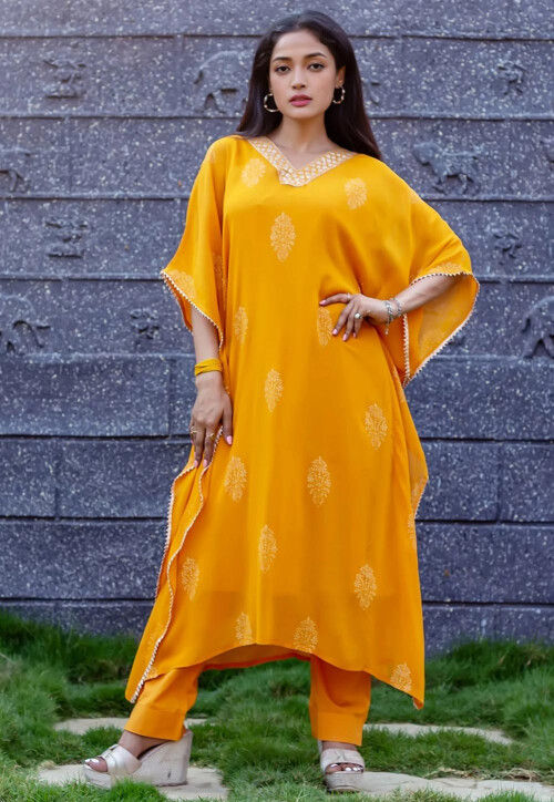 Hand Block Printed Georgette Kaftan Kurta Set in Mustard