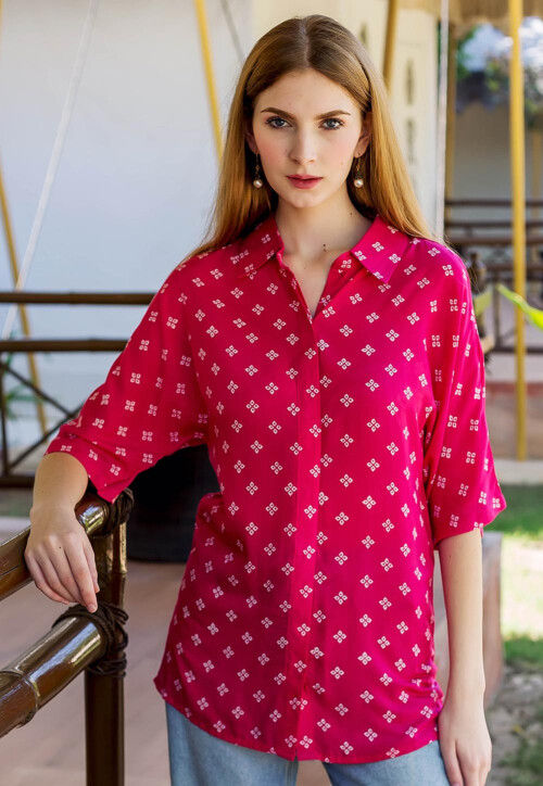 Hand Block Printed Pure Cotton Top in Fuchsia