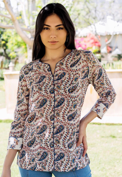 Hand Block Printed Pure Cotton Top in Off White