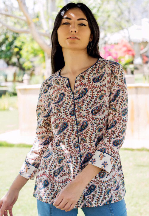 Hand Block Printed Pure Cotton Top in Off White