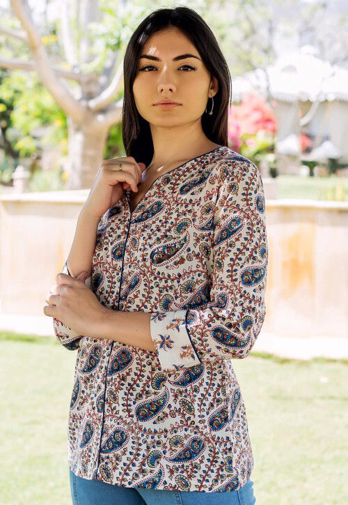Hand Block Printed Pure Cotton Top in Off White