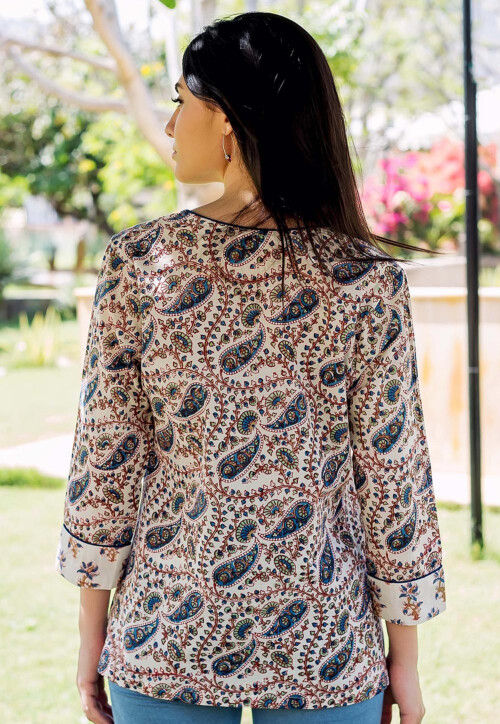 Hand Block Printed Pure Cotton Top in Off White