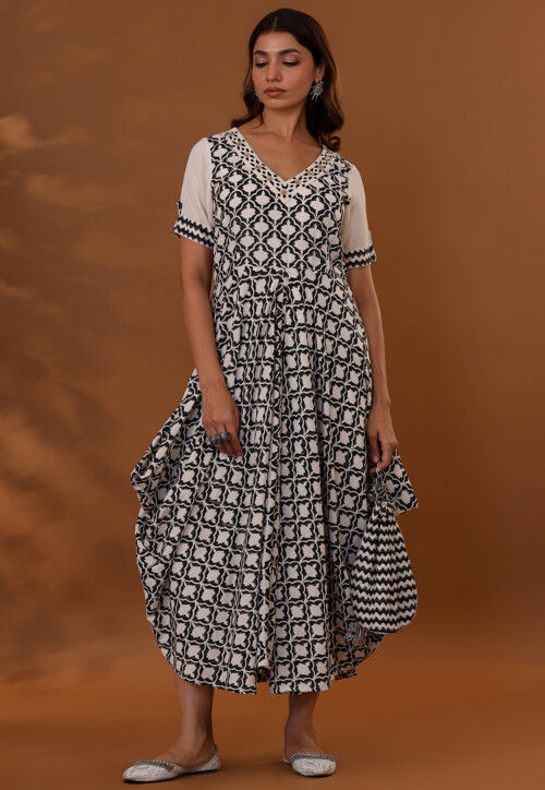 Hand Block Printed Pure Handloom Cotton Cowl Dress in Off White