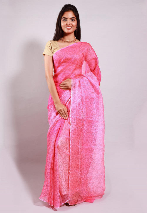 Hand Block Printed Pure Kota Silk Saree in Pink Ombre