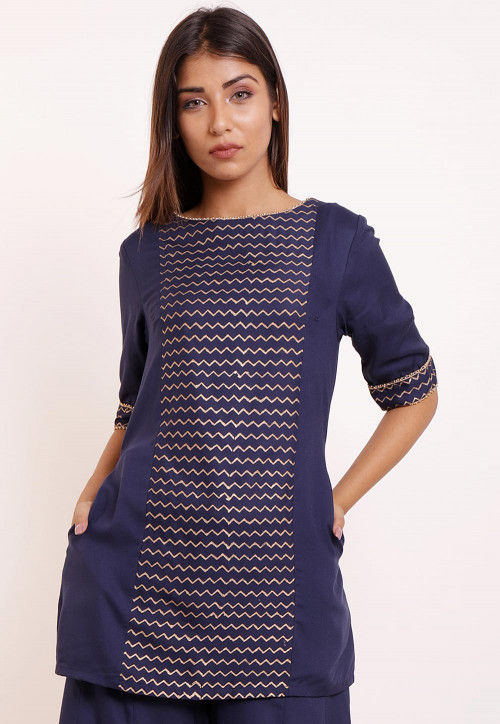 Foil Printed Rayon Tunic in Navy Blue