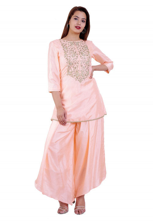 Hand Embroidered Art Silk A Line Kurti in Baby Pink