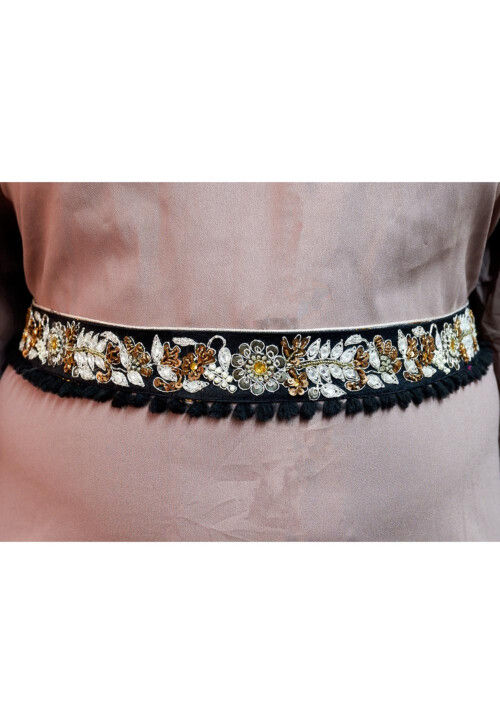 Hand Embroidered Art Silk Adjustable Waist Belt in Black