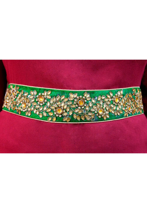 Hand Embroidered Art Silk Adjustable Waist Belt in Green