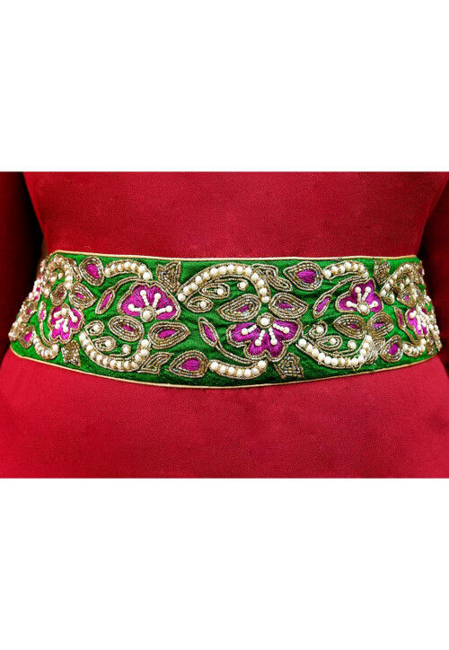 Hand Embroidered Art Silk Adjustable Waist Belt in Green
