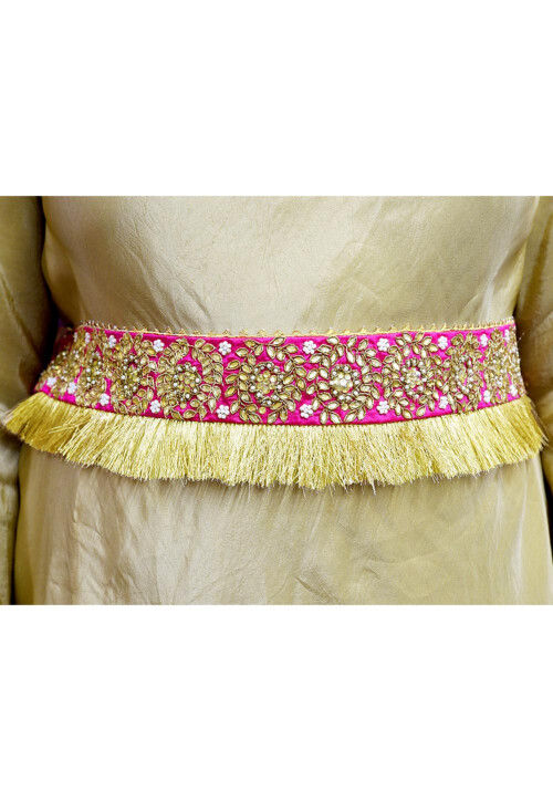 Hand Embroidered Art Silk Adjustable Waist Belt in Pink