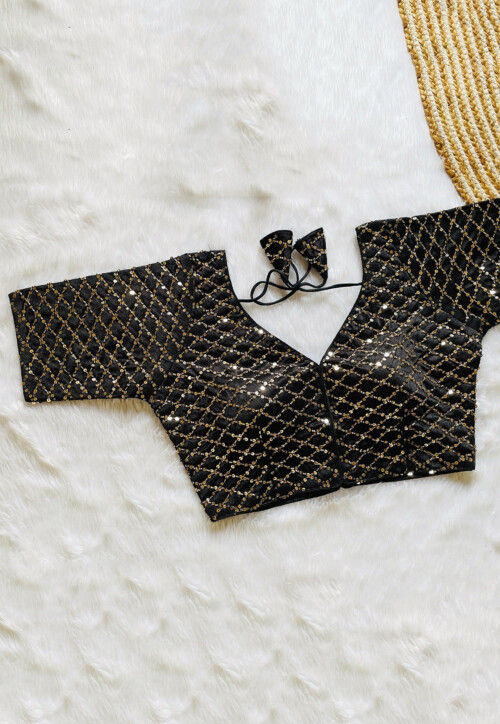 Hand Embroidered Art Silk Blouse in Black