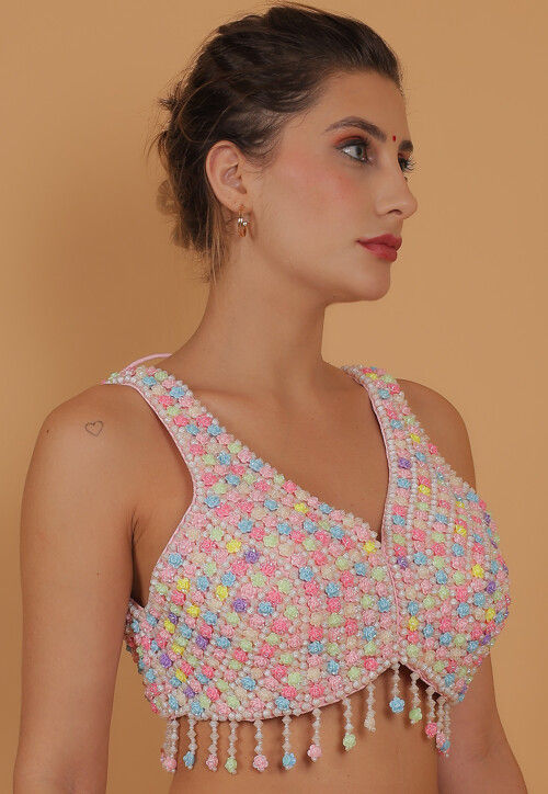 Hand Embroidered Art Silk Blouse in Multicolor