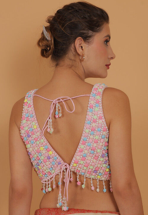 Hand Embroidered Art Silk Blouse in Multicolor