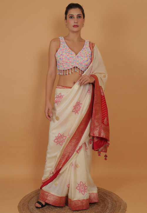 Hand Embroidered Art Silk Blouse in Multicolor